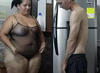 fucking my bbw lover doggystyle in the fridge, cum on tits