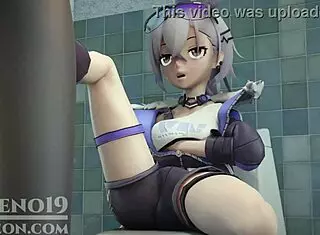 silver wolf from honaki star rail caught masturbating, now giving footjob and blowjob