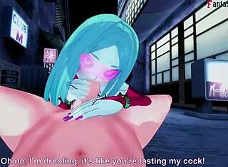 Rebecca delivers a detailed blowjob in the neon-lit night city of cyberpunk fantasy.