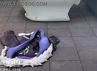 silver wolf from honaki star rail caught masturbating, now giving footjob and blowjob