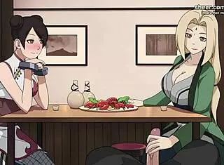 Tsunade and Tenten giving handjob and foot job in public restaurant?