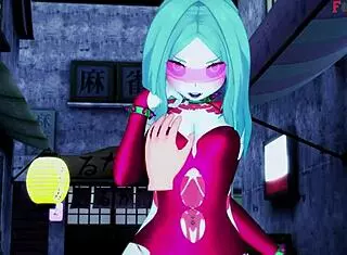 Rebecca delivers a detailed blowjob in the neon-lit night city of cyberpunk fantasy.