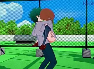 In My Hero Academia, Ochako Uraraka and Izuku Midoriya engage in intense sex, with her big tits bouncing as he creampies her.