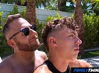 Spicy stepdad takes the sun at poolside, engaging in ass to mouth and rimjob fun