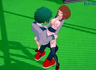 In My Hero Academia, Ochako Uraraka and Izuku Midoriya engage in intense sex, with her big tits bouncing as he creampies her.