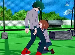 In My Hero Academia, Ochako Uraraka and Izuku Midoriya engage in intense sex, with her big tits bouncing as he creampies her.