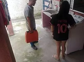 Does the housewife pay the technician with her ass while husband is away?