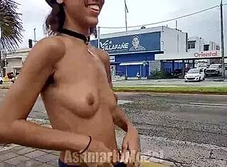 Watch those hairy pits and small tits bounce out in public flashing!