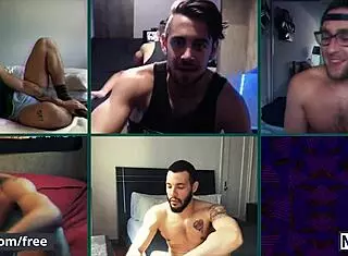 six men on a video call, some fucking their holes with dildos while others stroke their big cocks.