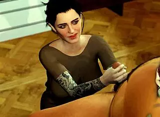 Eve gives rough handjob to old neighbour in fishnets