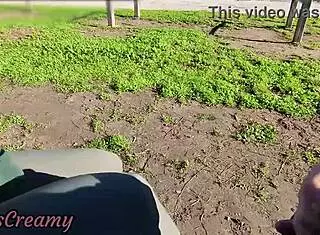 Flashing cock in public park, stepdaughter helps with cumshot.