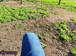 Flashing cock in public park, stepdaughter helps with cumshot.