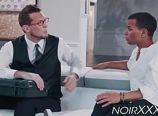 Handsome businessman drills young hunky black guy anally