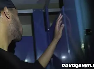 Highway bathroom orgy with monster cocks and interracial gangbang featuring Cazden Hunter