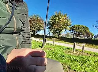 Flashing cock in public park, stepdaughter helps with cumshot.