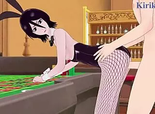 rukia kuchiki and yoruichi in bunny outfits having intense sex with creampie in bleach hentai