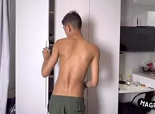 The gay twink dives into the brunette's ass.