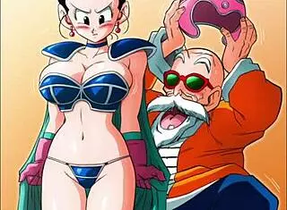 kame paradise 2: chi chi gives roshi a handjob in anime.