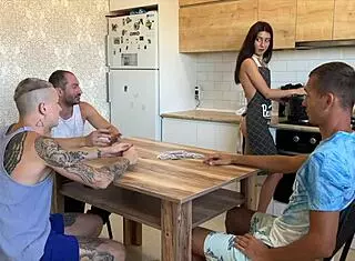 lost ma young wife at cards, stretched her tight pussy on kitchen table!