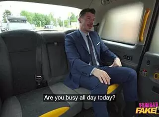 Female fake taxi driver rides lucky guy hard in public POV