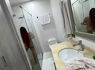 Red-haired friend Angel Cruz bathing tempts me! I can't resist her massive tits now!