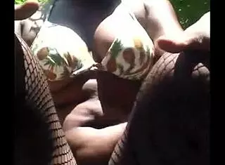 Self-pleasure outdoors in a masks, voluptuous amateur