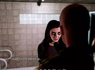 eve gives a rough blowjob in the public toilet, ending with cum in mouth