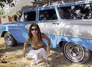 shameless monika fox flashes naked tits while pissing outdoors under a tree.