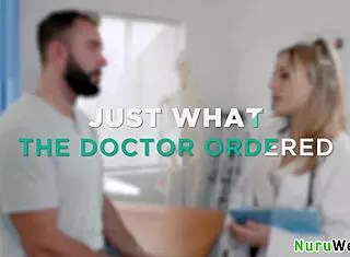 Petite blonde teen with natural boobs prepares client for relaxing nuru massage.