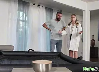 Petite blonde teen with natural boobs prepares client for relaxing nuru massage.