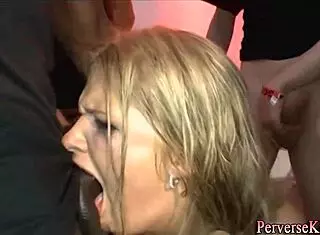 this fetish slut swallows piss in a wild 4some, interracial group action 😈