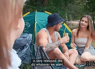 Two girls and one guy enjoy rimjob cleanup in wild camping 4some