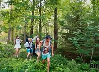 Two girls and one guy enjoy rimjob cleanup in wild camping 4some