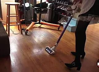 French Maid Vacuums House, Skirt Stockings Upskirt Sexy European Asian Model Cosplay.