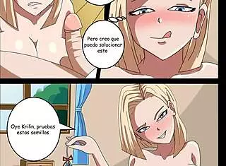 Krillin fucks Number 18, then Bulma joins in the comic porn sex scene.