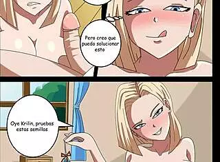 Krillin fucks Number 18, then Bulma joins in the comic porn sex scene.