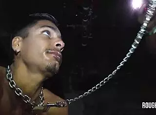 Caged twink pounded hard by dominant frat dudes