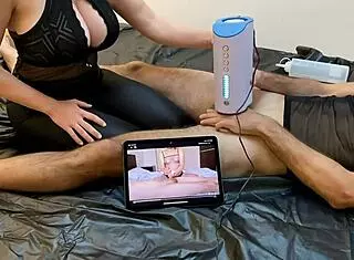 Girlfriend milks boyfriend with blow machine