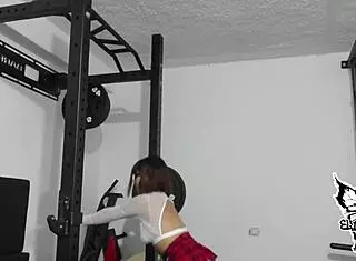 little tracy keeps her trainer up with cumshot on her ass