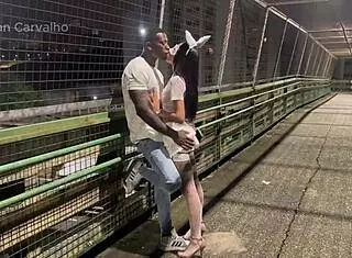 Fucking a slut on a busy avenue, almost getting caught in this public creampie scene