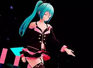 Hatsune Miku does a casual striptease in lingerie, undressing to her shaved pussy while dancing.