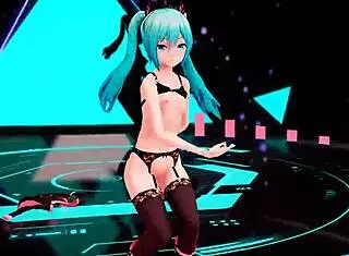 Hatsune Miku does a casual striptease in lingerie, undressing to her shaved pussy while dancing.
