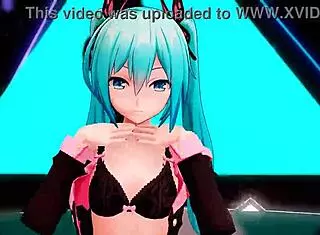 Hatsune Miku does a casual striptease in lingerie, undressing to her shaved pussy while dancing.