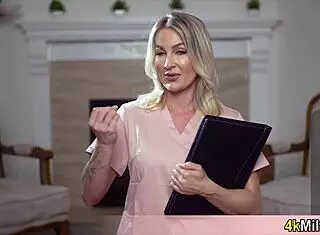 Andi Avalon, the MILF nurse, asks, 'Want your sample fast? Let me glove up and stroke your cock'