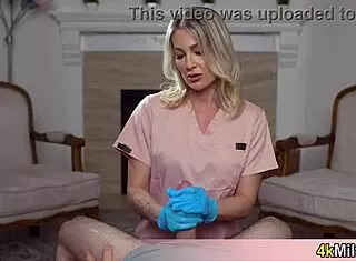 Andi Avalon, the MILF nurse, asks, 'Want your sample fast? Let me glove up and stroke your cock'