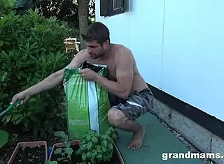 Dirty Grandma Gives Handjob And Fingering In Garden.