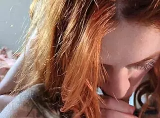 Redhead friend gives amazing deepthroat blowjob at home