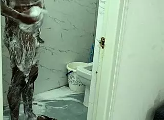 lucky asian boy enjoys shower with irani milf, admiring her natural curves