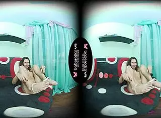 solo brunette alexandra roz masturbates her shaved pussy in vr, big tits bouncing.