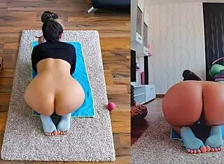 Double the fun with curvy milf ass worshiping during naked yoga workout